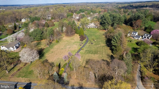 drone / aerial view featuring a view of trees