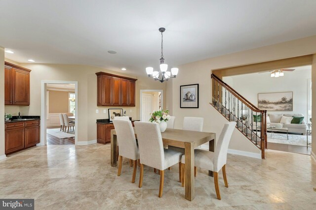 18102 Eaglesham Ct, Leesburg, VA 20175 - dining room featuring a chandelier, stairway, recessed lighting, baseboards, and light tile patterned flooring