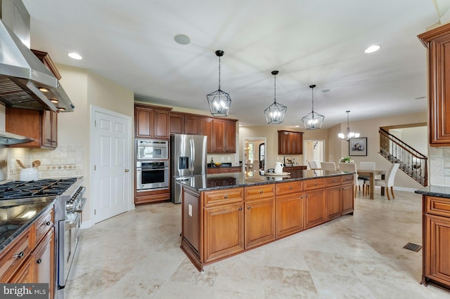 18102 Eaglesham Ct, Leesburg, VA 20175 - kitchen featuring appliances with stainless steel finishes, ventilation hood, a center island, recessed lighting, and tasteful backsplash