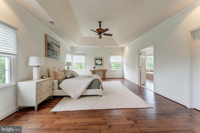 18102 Eaglesham Ct, Leesburg, VA 20175 - bedroom with a raised ceiling, crown molding, hardwood / wood-style floors, baseboards, and ceiling fan