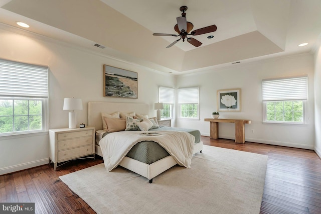18102 Eaglesham Ct, Leesburg, VA 20175 - bedroom featuring multiple windows, a tray ceiling, dark wood finished floors, ornamental molding, and baseboards