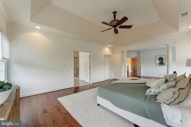 18102 Eaglesham Ct, Leesburg, VA 20175 - bedroom featuring a raised ceiling, ornamental molding, dark wood-style floors, baseboards, and recessed lighting