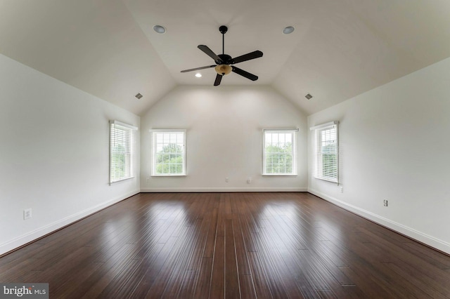 18102 Eaglesham Ct, Leesburg, VA 20175 - spare room with ceiling fan, lofted ceiling, dark wood finished floors, and baseboards