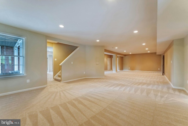 18102 Eaglesham Ct, Leesburg, VA 20175 - empty room featuring stairway, light colored carpet, baseboards, and recessed lighting