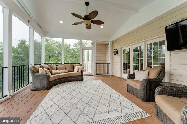 18102 Eaglesham Ct, Leesburg, VA 20175 - sunroom with an outdoor hangout area, a ceiling fan, lofted ceiling, and plenty of natural light