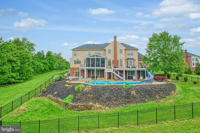 18102 Eaglesham Ct, Leesburg, VA 20175 - rear view of property featuring a sunroom, stairway, brick siding, a patio area, and a wooden deck