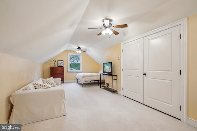 810 Macsherry Dr, Arnold, MD 21012 - bedroom featuring light carpet, baseboards, a ceiling fan, and lofted ceiling