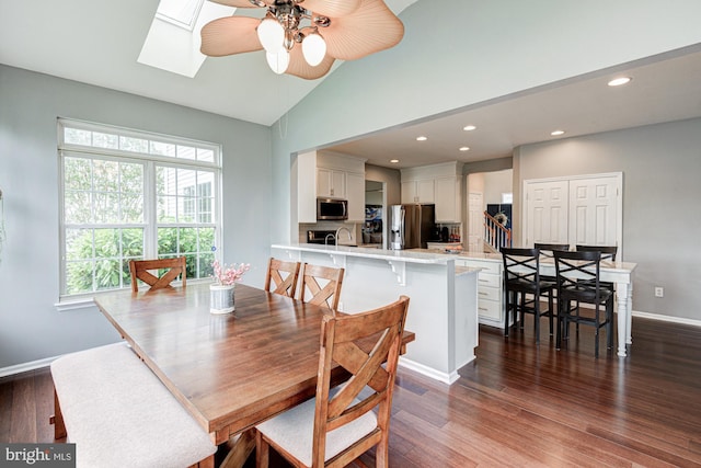 24 W Shakespeare Dr, Middletown, DE 19709 - dining space with ceiling fan, dark wood-style floors, vaulted ceiling, recessed lighting, and baseboards