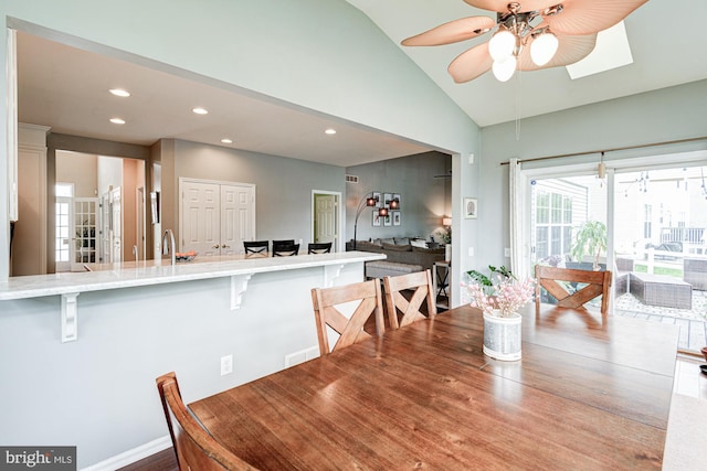 24 W Shakespeare Dr, Middletown, DE 19709 - dining area featuring a ceiling fan, recessed lighting, vaulted ceiling, and dark wood finished floors