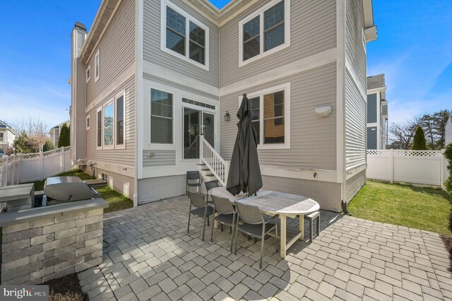 back of property with a fenced backyard, entry steps, an outdoor kitchen, and a patio area