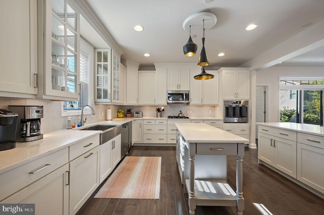 kitchen featuring dark wood-style flooring, white cabinets, a sink, and stainless steel appliances