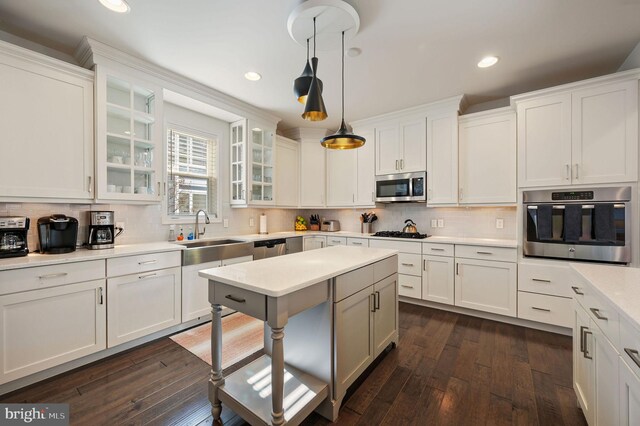 kitchen with dark wood-style flooring, light countertops, a sink, and stainless steel appliances