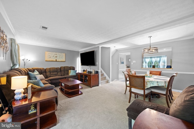 458 Silver Ct, Westminster, MD 21158 - living room with carpet floors, stairway, and crown molding
