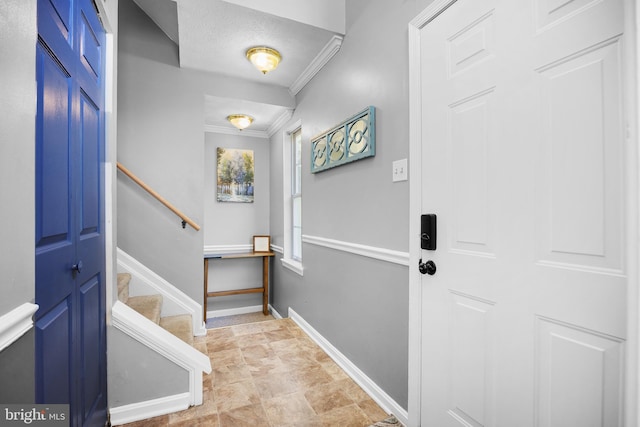 458 Silver Ct, Westminster, MD 21158 - doorway with ornamental molding, stairway, baseboards, and stone finish flooring