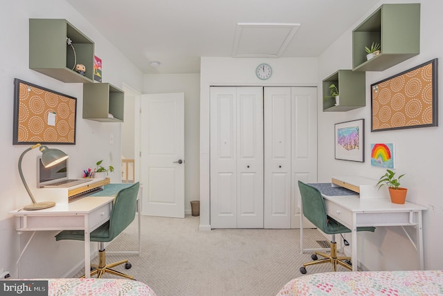 219 Hitching Post Dr, Bel Air, MD 21014 - bedroom with an office area, a closet, light colored carpet, and attic access