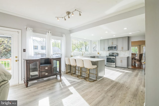 kitchen with stainless steel appliances, plenty of natural light, gray cabinets, and light wood-style flooring