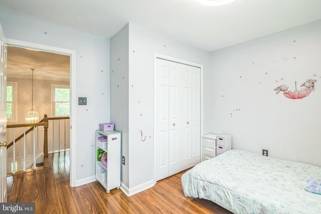 bedroom featuring baseboards, a closet, and wood finished floors
