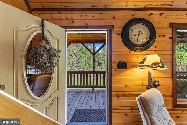 doorway featuring plenty of natural light and wooden walls
