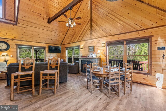 dining room with beam ceiling, wood walls, wood finished floors, and high vaulted ceiling