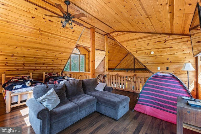 interior space featuring wood finished floors, wood walls, wood ceiling, and lofted ceiling