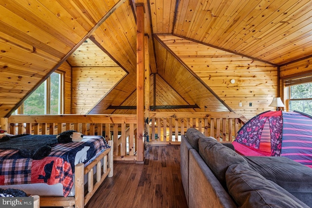 bedroom featuring wood walls, lofted ceiling, hardwood / wood-style floors, and wooden ceiling