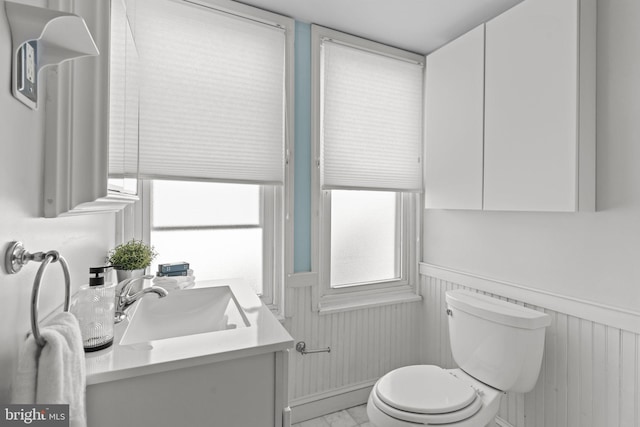 half bath featuring wainscoting, vanity, and toilet