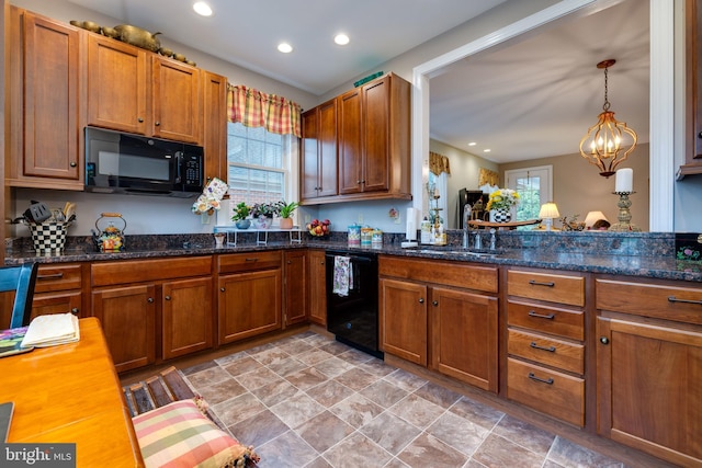 617 Redbud Ln, Woodstock, VA 22664 - kitchen with a healthy amount of sunlight, a sink, black appliances, and a chandelier