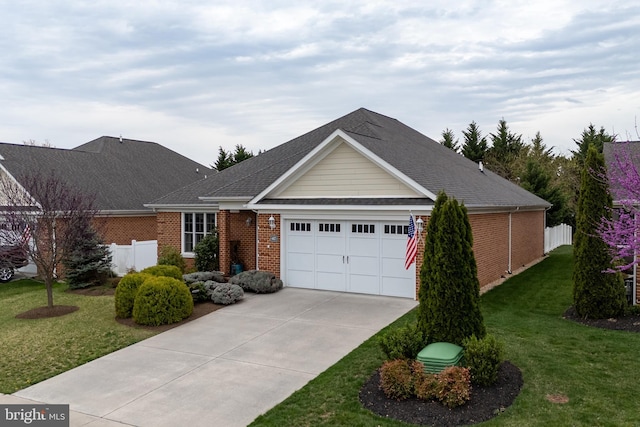 617 Redbud Ln, Woodstock, VA 22664 - view of front facade with fence, an attached garage, concrete driveway, brick siding, and a front lawn