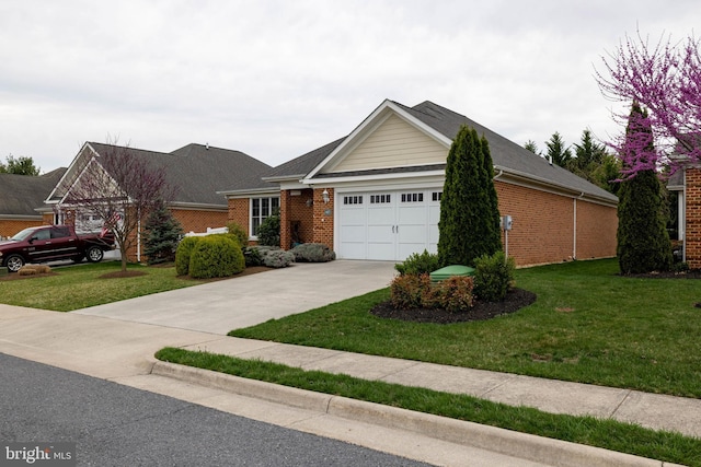 617 Redbud Ln, Woodstock, VA 22664 - ranch-style house featuring brick siding, concrete driveway, a garage, and a front lawn