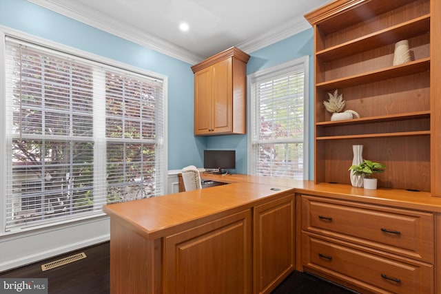 office space featuring ornamental molding, dark wood finished floors, and built in study area