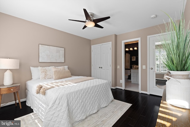 bedroom featuring baseboards, dark wood-style flooring, a closet, and ceiling fan