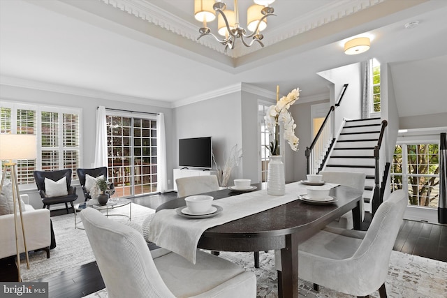 dining room featuring a chandelier, ornamental molding, hardwood / wood-style floors, stairs, and plenty of natural light
