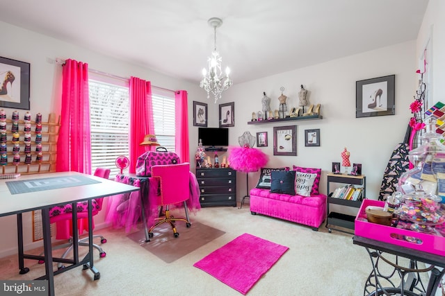 carpeted office with a chandelier