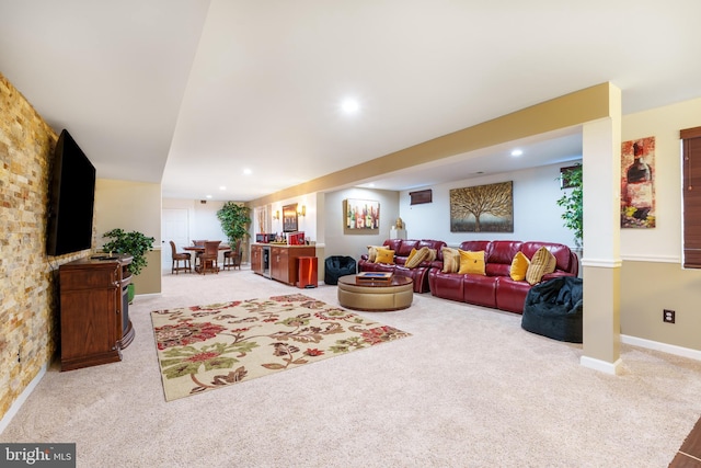 living room with carpet flooring and recessed lighting