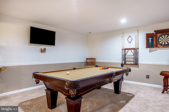 playroom with baseboards, billiards, and carpet floors