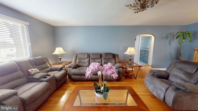6103 Manor Rd, Clinton, MD 20735 - living room with arched walkways, wood finished floors, and baseboards