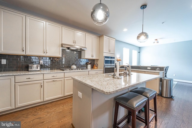kitchen with tasteful backsplash, under cabinet range hood, wood finished floors, appliances with stainless steel finishes, and hanging light fixtures