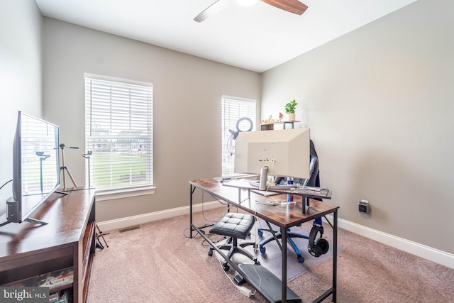 office space with baseboards, a ceiling fan, carpet, and a wealth of natural light