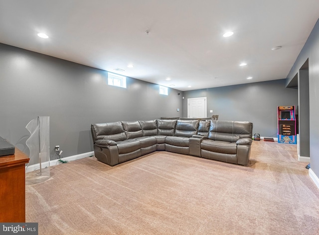 living room featuring visible vents, baseboards, recessed lighting, and carpet