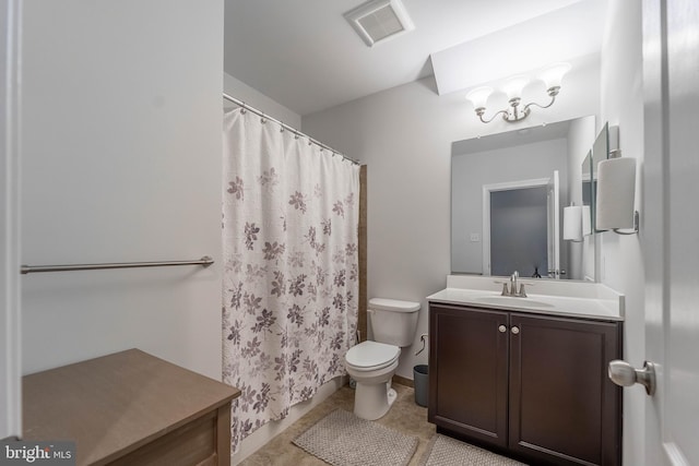 full bathroom with vanity, curtained shower, tile patterned flooring, toilet, and visible vents