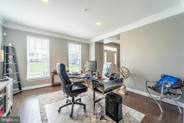 office space with recessed lighting, baseboards, crown molding, and wood finished floors