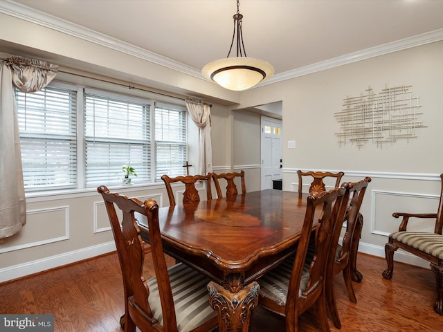 dining room featuring crown molding, a decorative wall, wainscoting, and wood finished floors