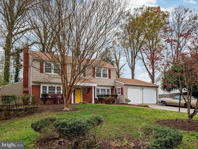 view of front facade featuring a front yard, a garage, a chimney, fence, and concrete driveway