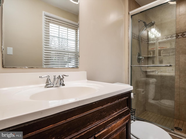bathroom featuring vanity, a stall shower, and toilet