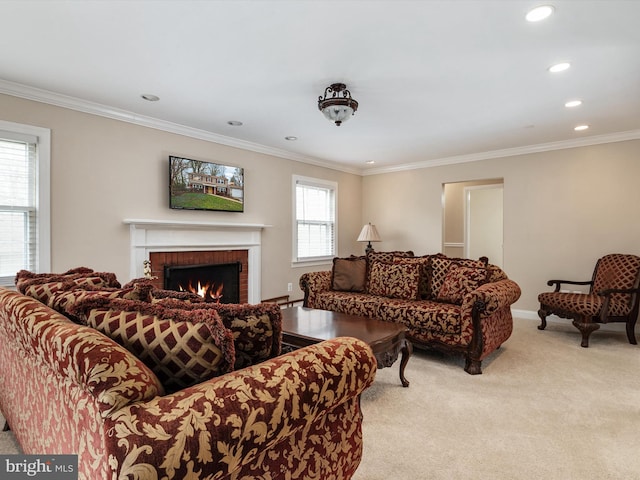 living room featuring recessed lighting, carpet flooring, a brick fireplace, and crown molding