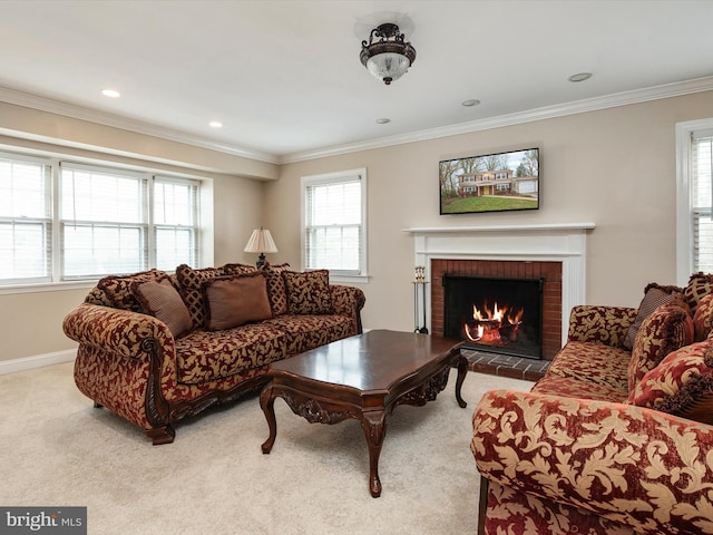 living room featuring a fireplace, carpet flooring, baseboards, and crown molding