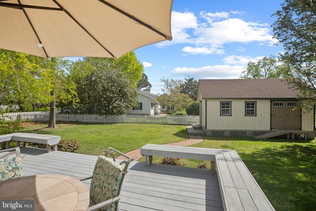 wooden deck with a lawn, fence private yard, and an outdoor structure