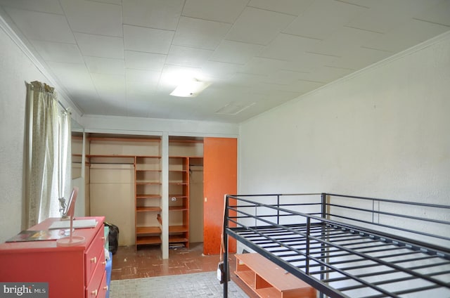 bedroom featuring multiple closets and crown molding
