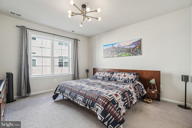 bedroom featuring a chandelier, visible vents, baseboards, and carpet