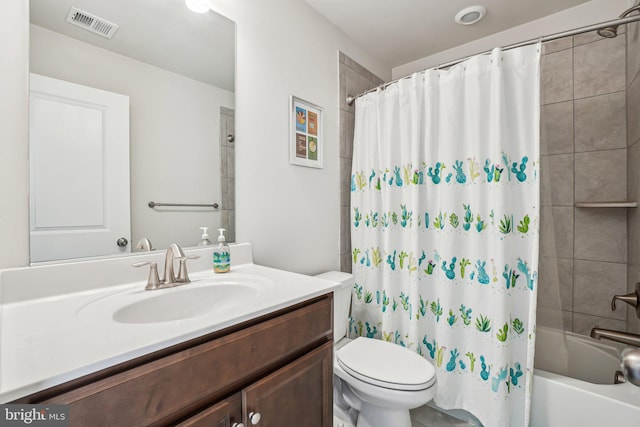 bathroom featuring visible vents, toilet, shower / bathtub combination with curtain, and vanity